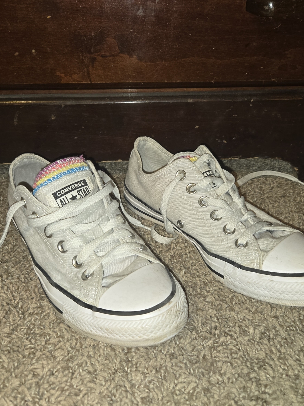 Converse Light Gray Low Top Sneakers with Rainbow Tongue Detail